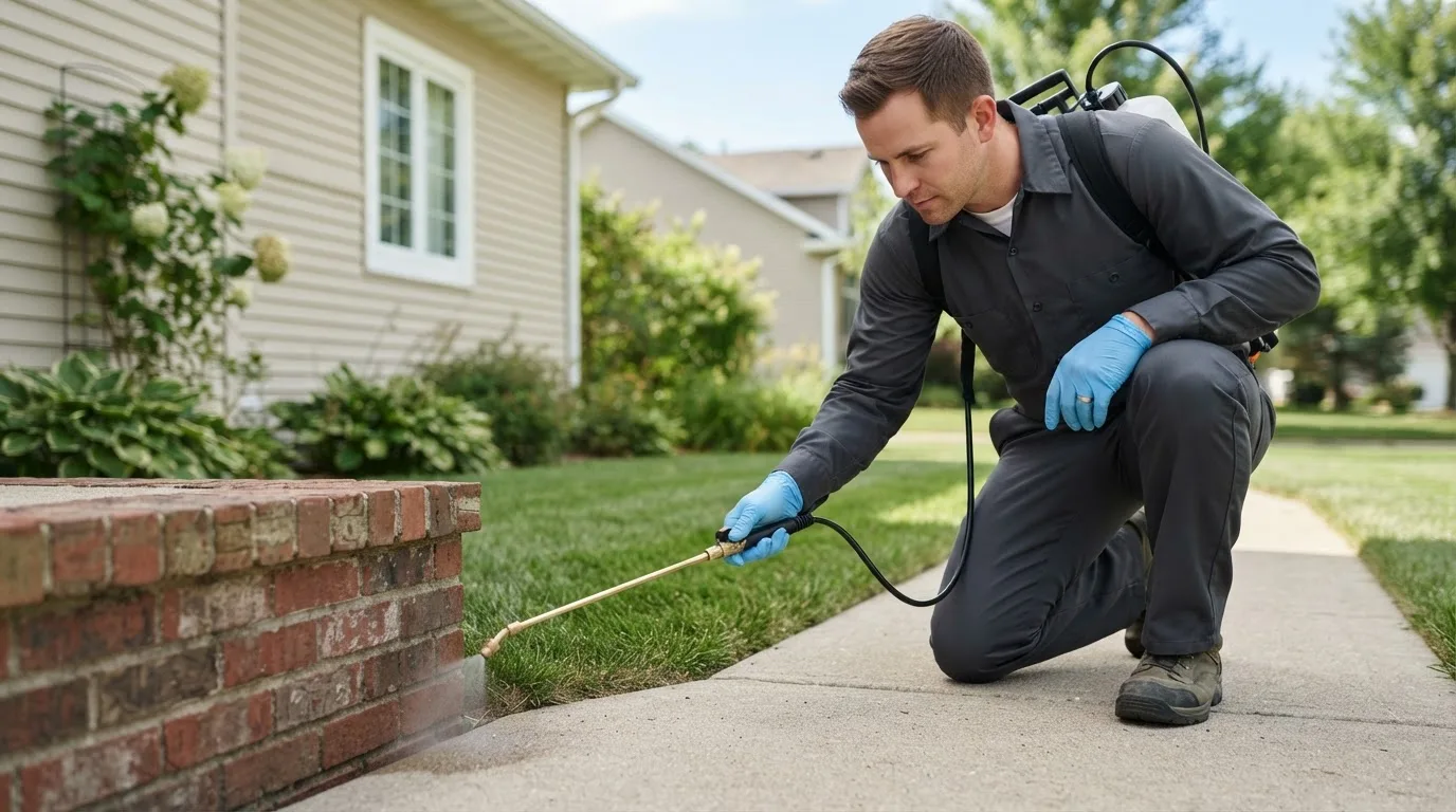 Pest control technician treating a home near Hawk Point, MO