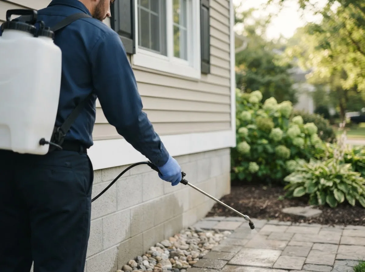 Pest control technician inspecting a home in Hawk Point, MO